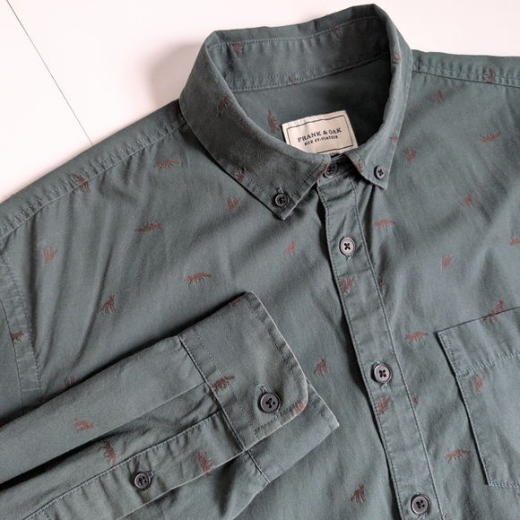 Frank & Oak St-Viateur Men's Forest Green / Fox Pattern 100% Cotton Shirt ~ Smal - Picture 2 of 11